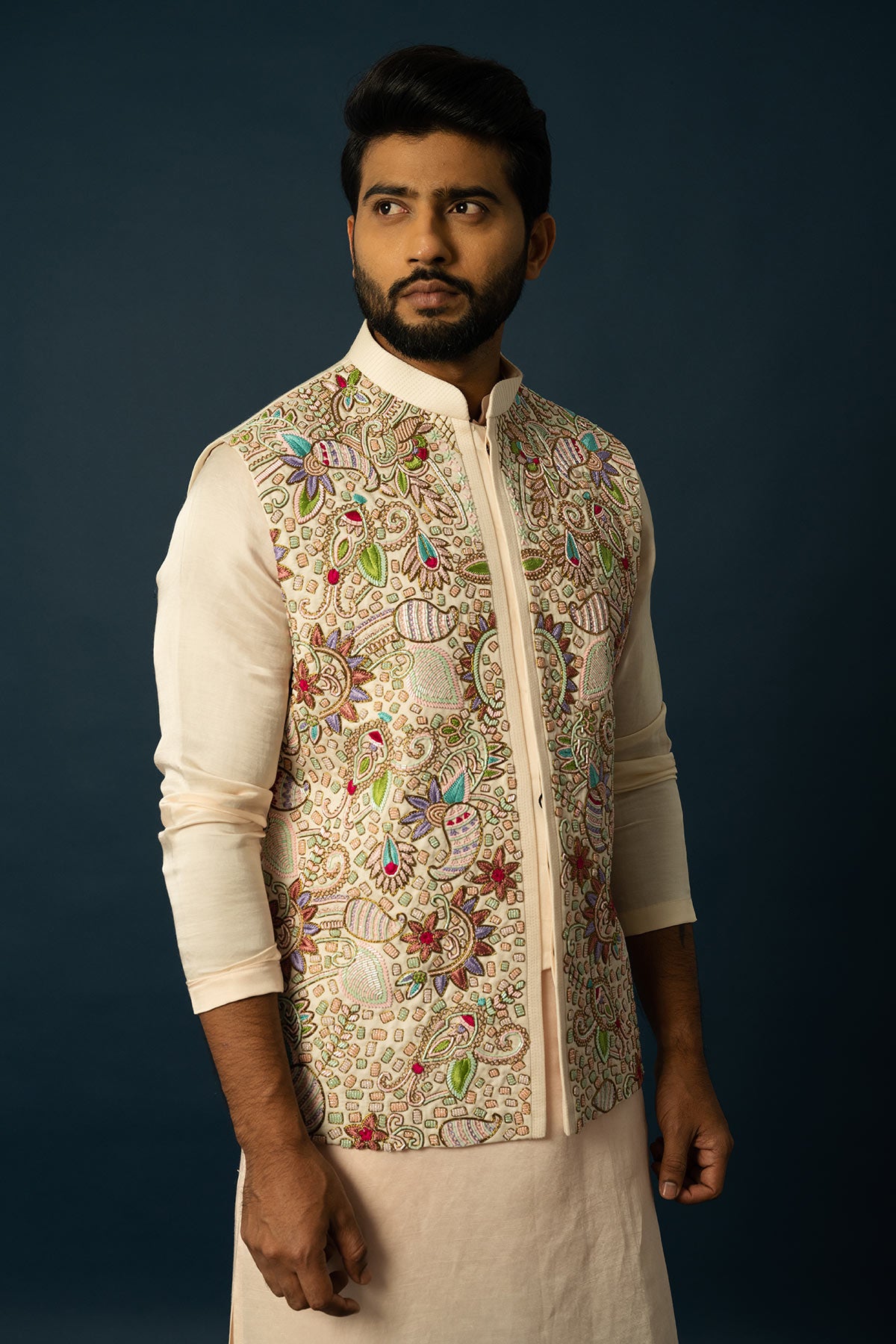 FAWN KURTA & MULTICOLOUR NEHRU SET