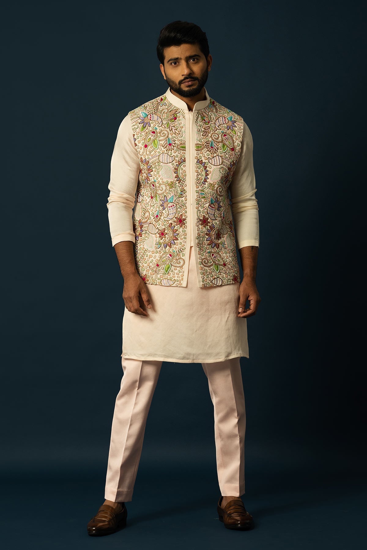 FAWN KURTA & MULTICOLOUR NEHRU SET