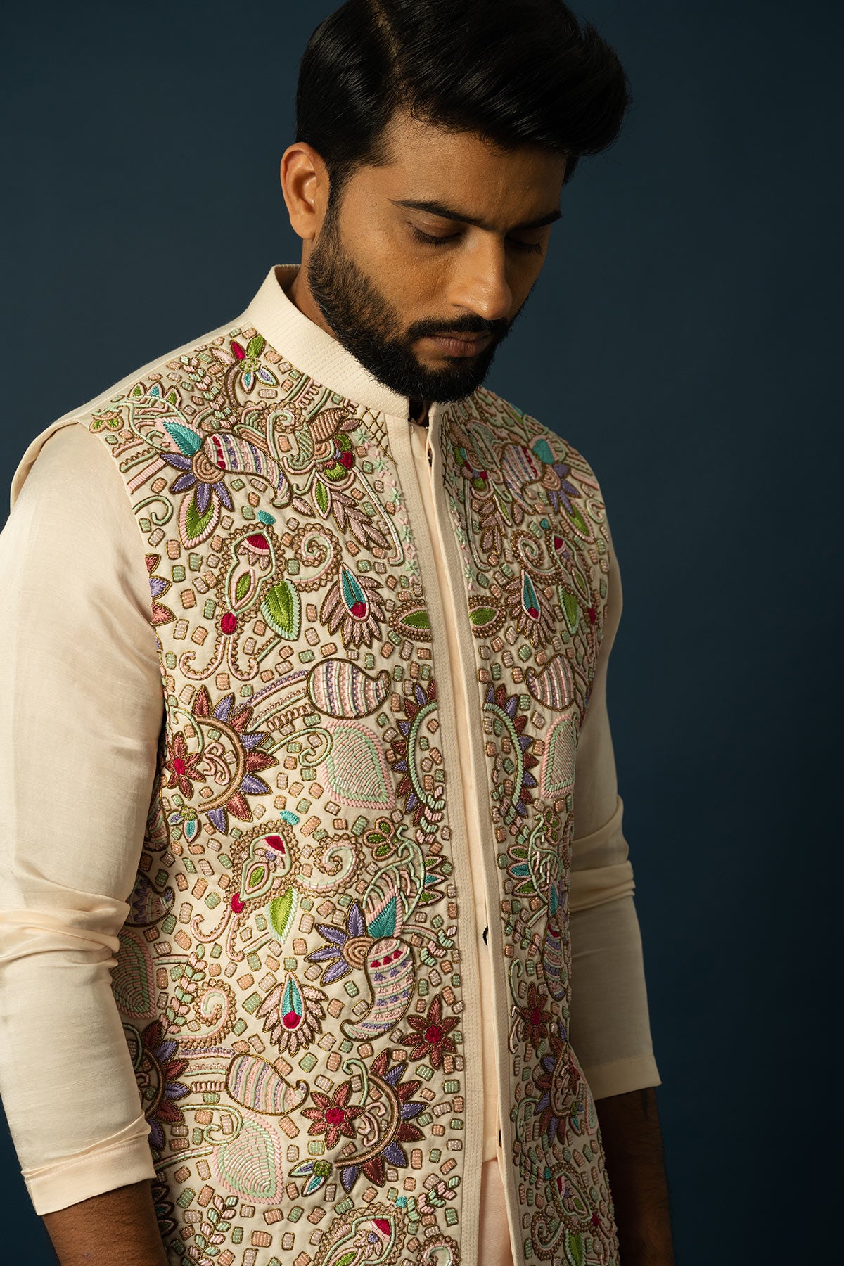 FAWN KURTA & MULTICOLOUR  NEHRU SET